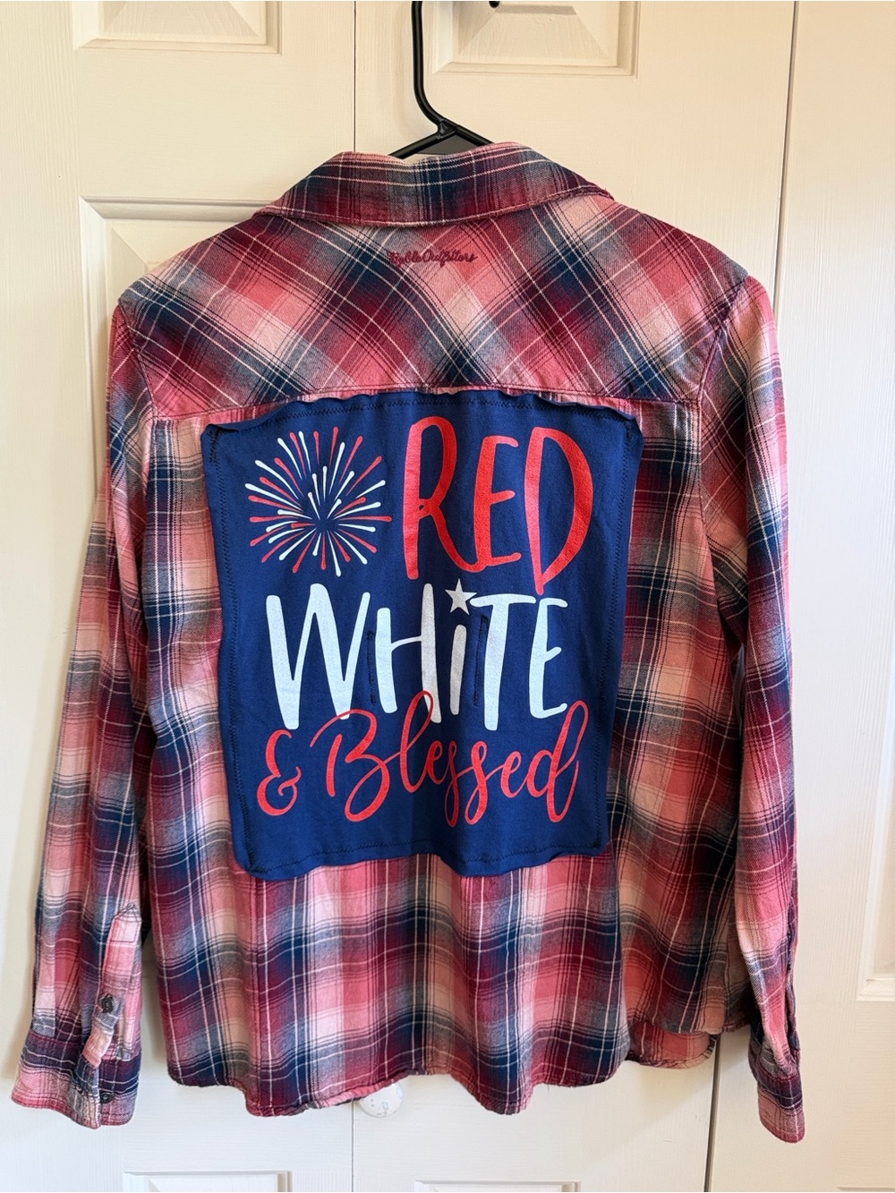 Red White & Blessed, Upcycled Plaid Flannel Shirt